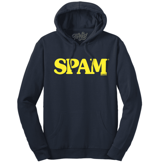 Navy pullover hoodie with front SPAM logo and kangaroo pocket