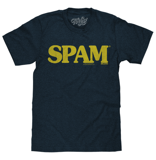 Navy heather SPAM graphic T-shirt with crew neck and short sleeves