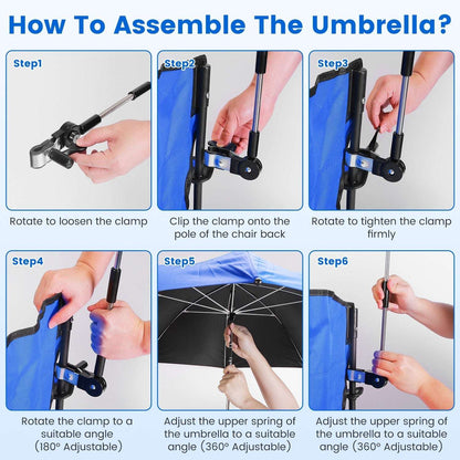 Assembly steps for blue camping chair umbrella, showing clamp attachment to pole