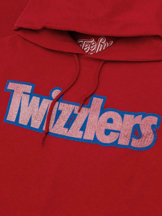 Red pullover hoodie with faded blue TWIZZLERS logo on chest