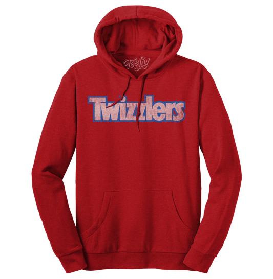 Red pullover hoodie with faded Twizzlers logo graphic and front kangaroo pocket