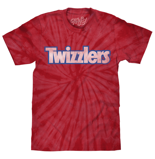 Red tie-dye T-shirt with Twizzlers retro logo front graphic.