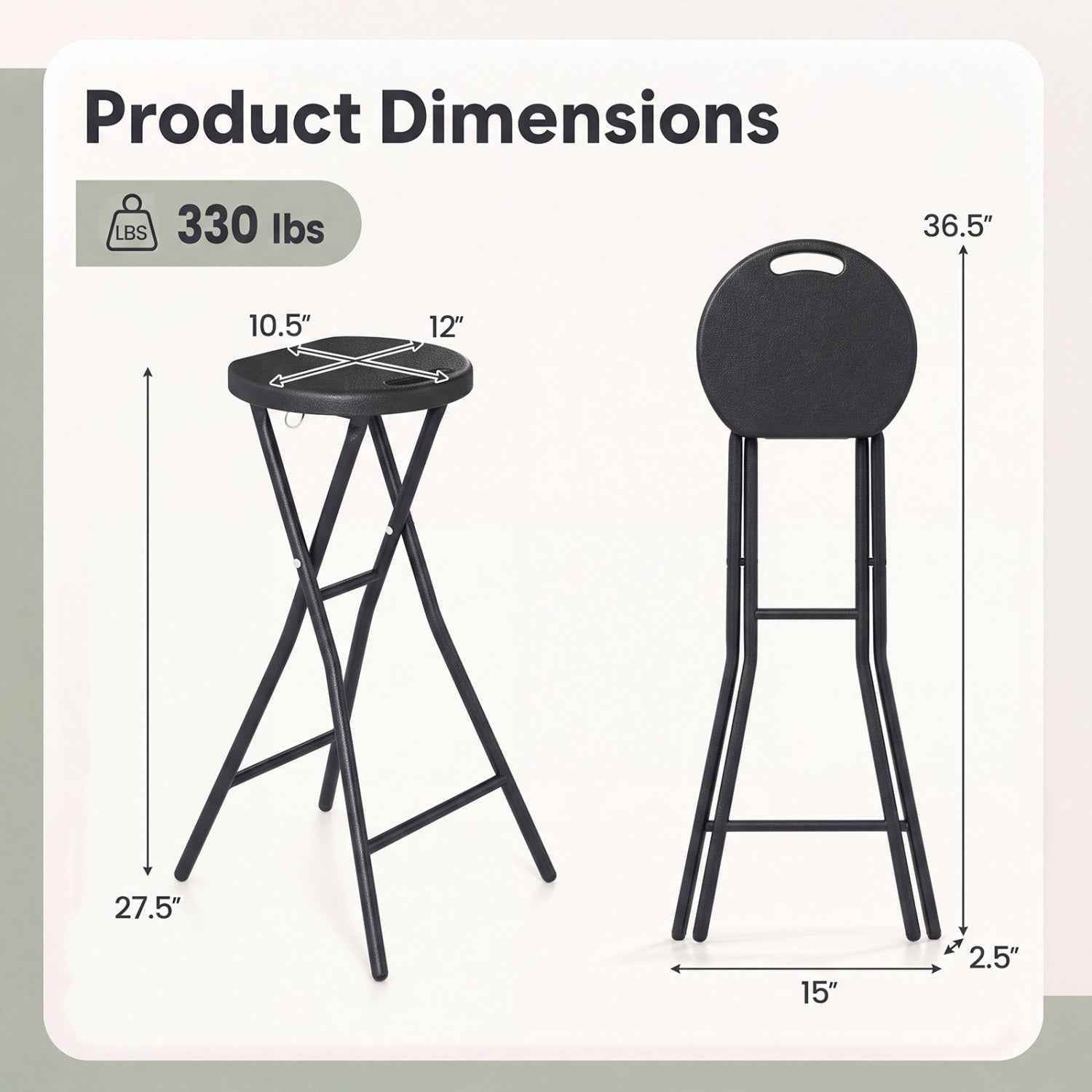 Folding Bar Stool | 27.5" Counter Height | HDPE Seat | 330 lb Capacity | Black