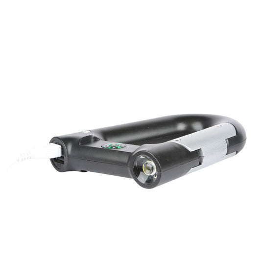 Black clip-on power bank with LED flashlight, front lens and side switch detail