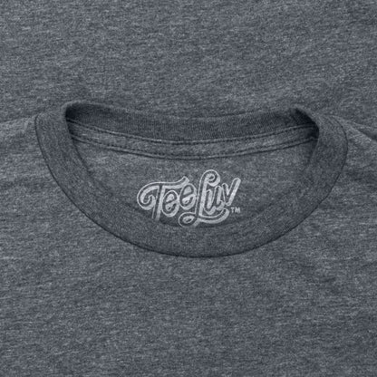 Gray crew-neck T-shirt with Tee Luv logo at neckline