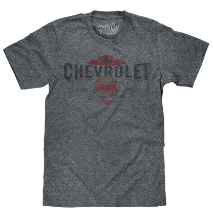 Gray Chevrolet graphic T-shirt with red and blue logo front