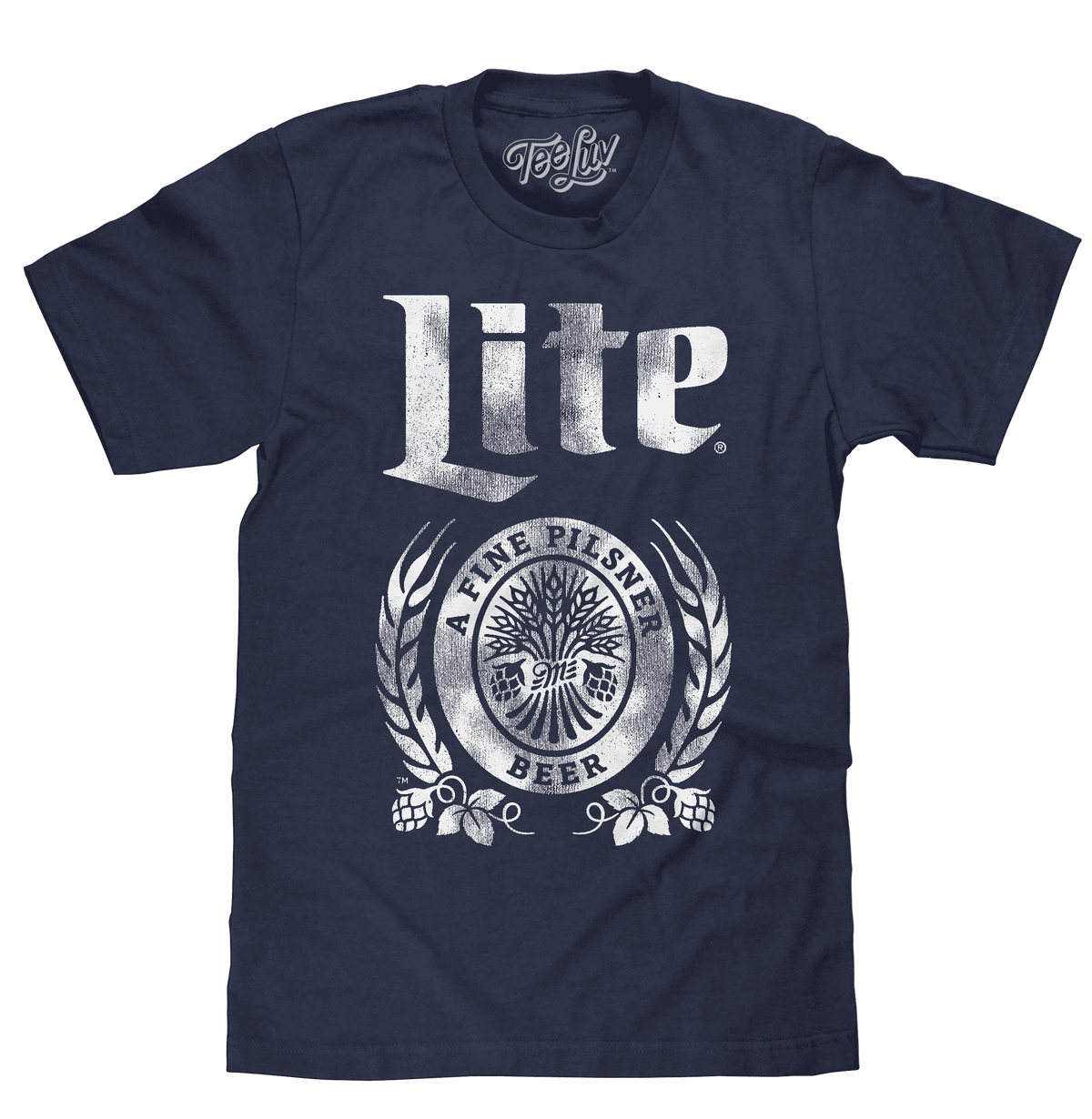 Navy LITE graphic T-shirt with circular beer logo and Laurel-style emblem on chest
