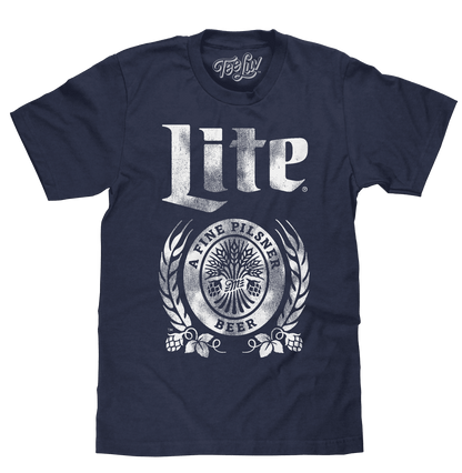 Navy LITE graphic T-shirt with circular beer logo and Laurel-style emblem on chest