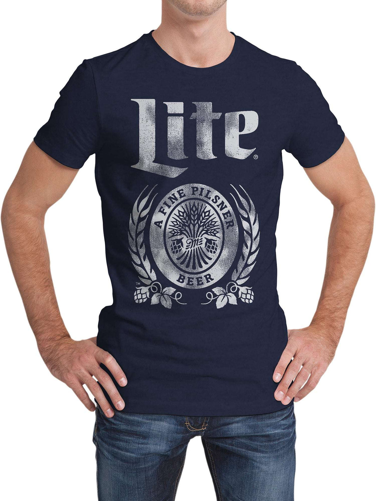 Dark navy LITE beer logo graphic T-shirt on model, crew neck short sleeves