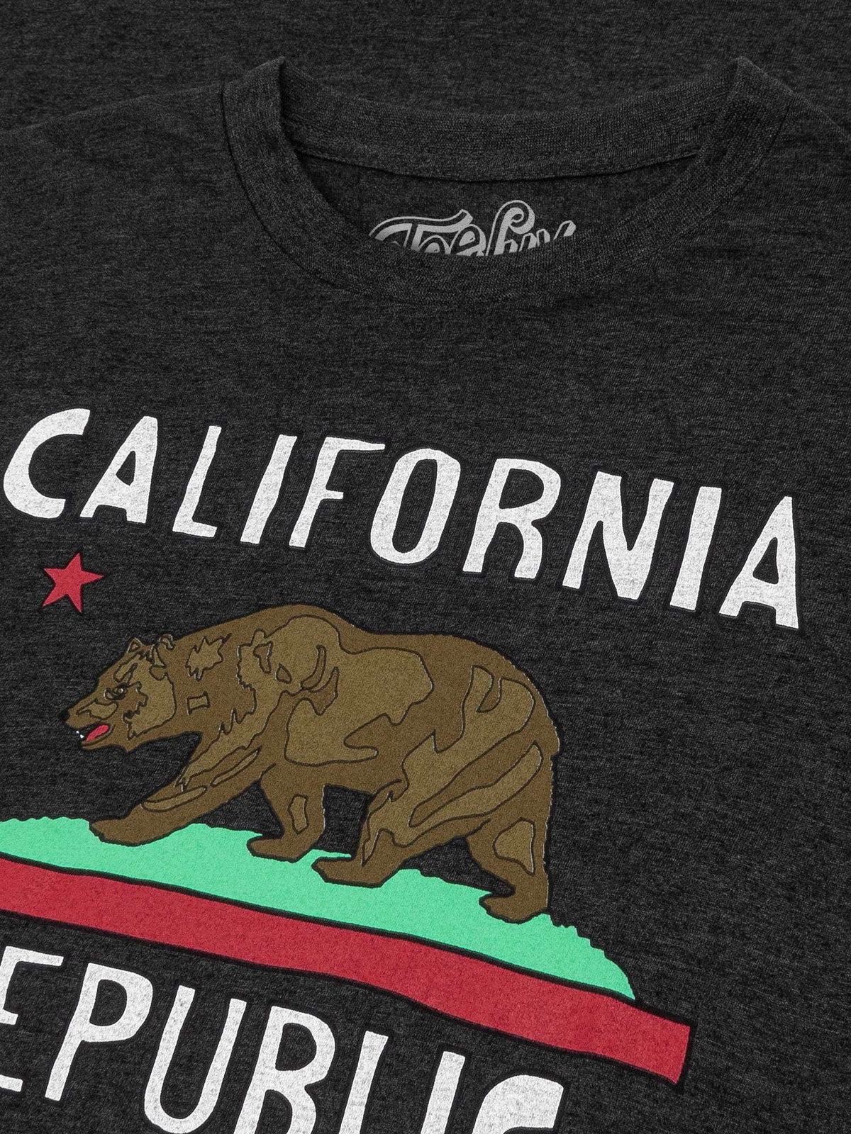Charcoal heather T-shirt close-up: CALIFORNIA text, bear art, red stripe