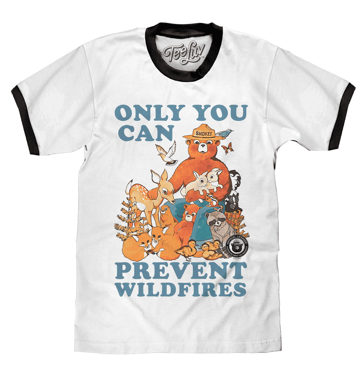 White ringer T-shirt with black collar and “Only You Prevent Wildfires” graphic