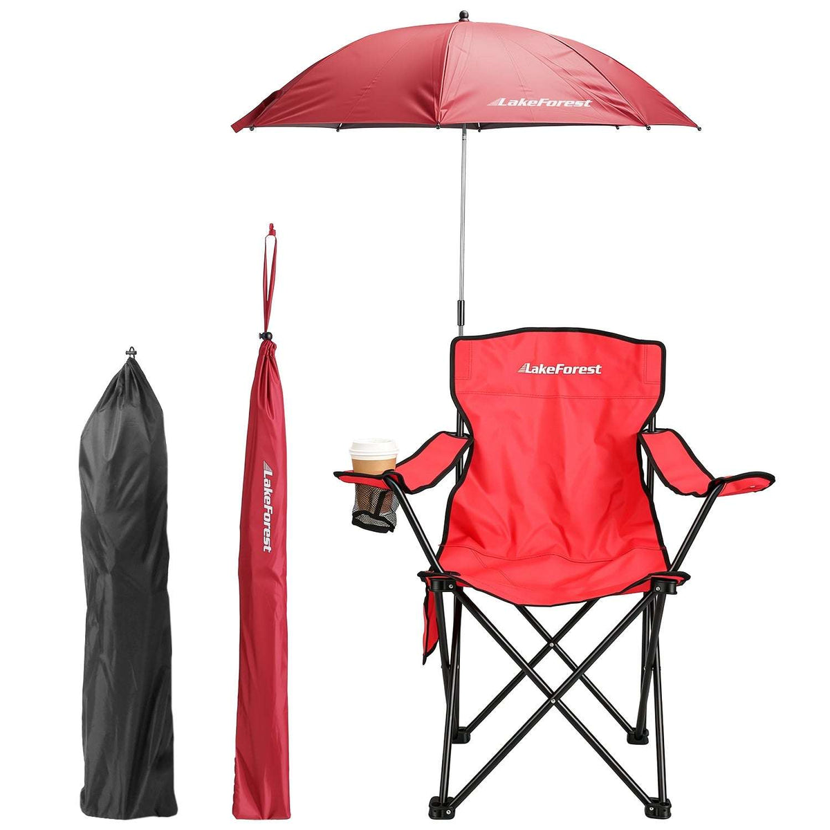 Foldable camping chair with umbrella, red fabric, black frame, and zip carry bag