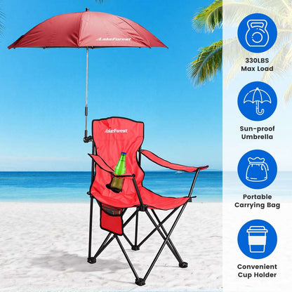 Foldable camping chair with umbrella, red seat and canopy, mesh cup holder, side pocket