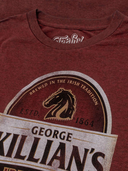 Red T-shirt close-up: George Killian's Irish Red circular horse logo
