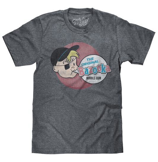 Heather gray graphic T-shirt with distressed Bazooka character print at chest