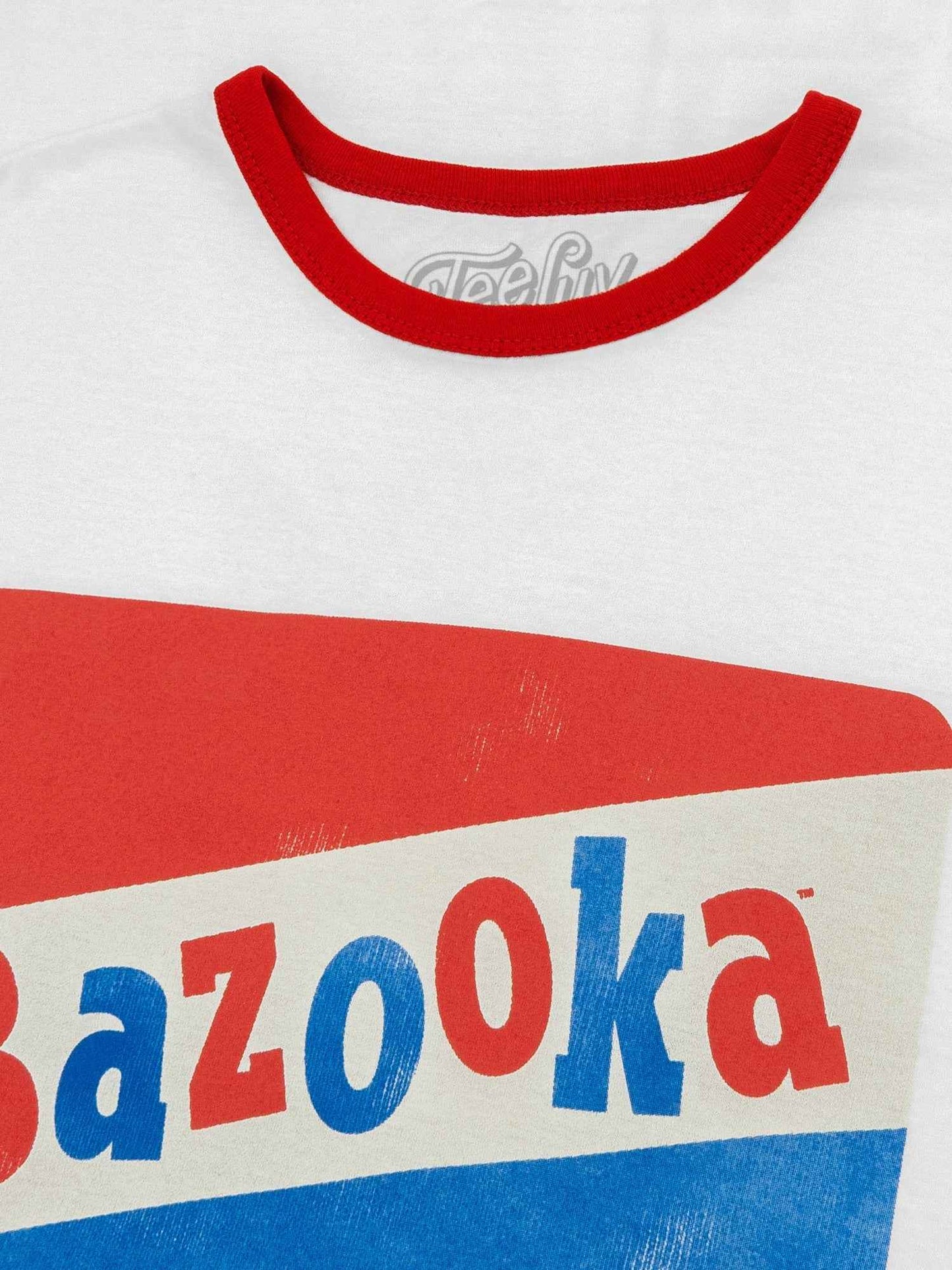Bazooka Bubble Gum Ringer T-Shirt | Distressed Topps Logo | 100% Cotton | White & Red
