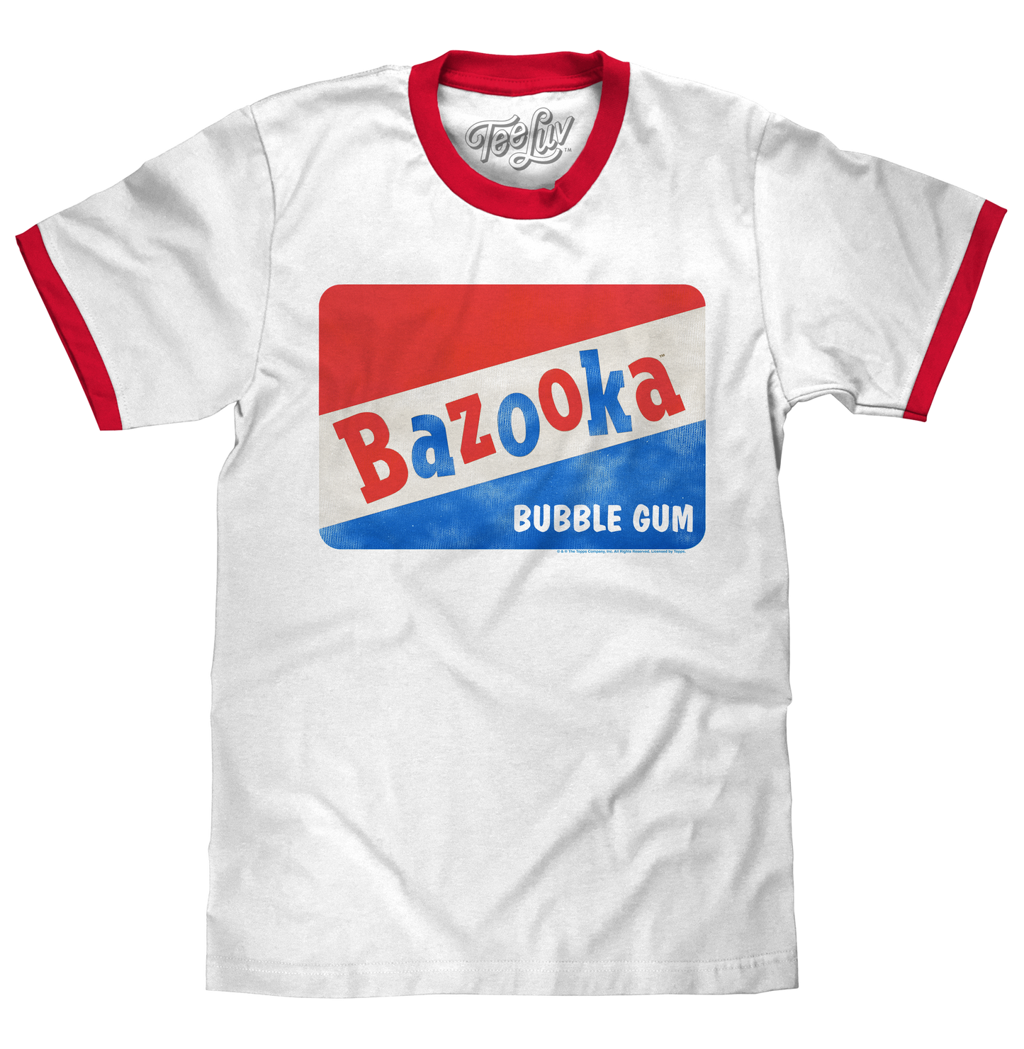 Bazooka Bubble Gum Ringer T-Shirt | Distressed Topps Logo | 100% Cotton | White & Red
