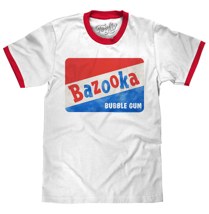 Bazooka Bubble Gum Ringer T-Shirt | Distressed Topps Logo | 100% Cotton | White & Red