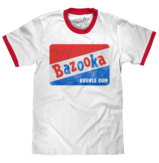White cotton ringer T-shirt with red collar, red sleeve cuffs, and Bazooka Bubble Gum graphic