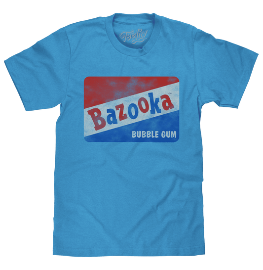Blue T-shirt with Bazooka Bubble Gum front graphic