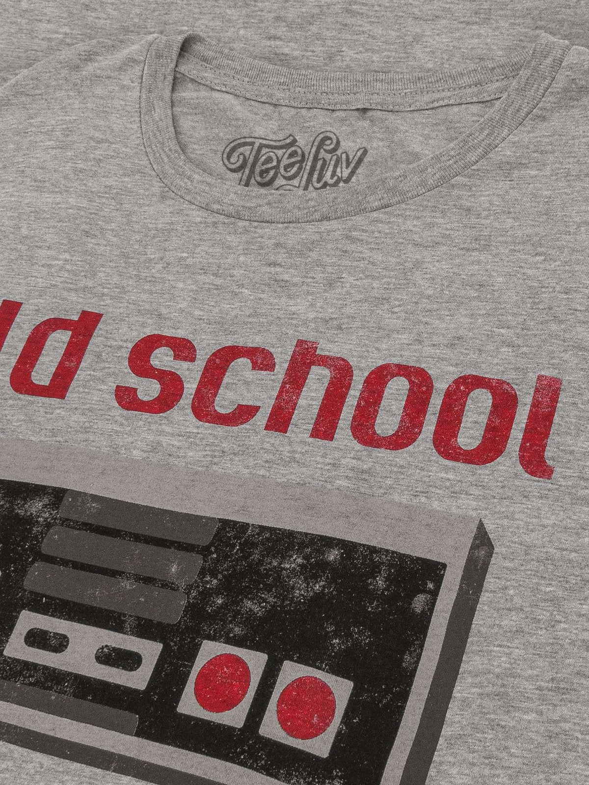 Gray crewneck T-shirt with TeeLuv logo and red 'Old School' text detail