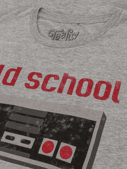 Gray crewneck T-shirt with TeeLuv logo and red 'Old School' text detail