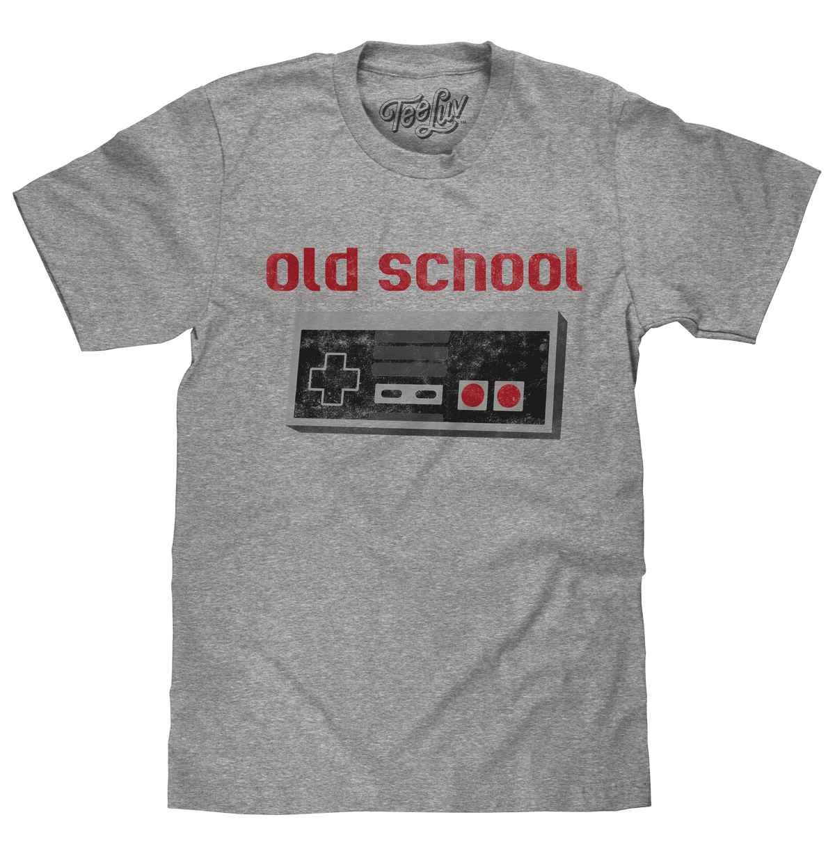 Gray gaming T-shirt with red 'Old School' graphic and retro controller print
