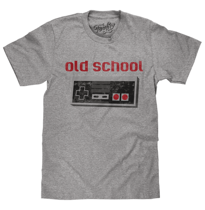 Gray gaming T-shirt with red 'Old School' graphic and retro controller print