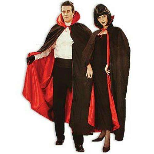 Vampire cape with black hood, red lining, and tattered hem