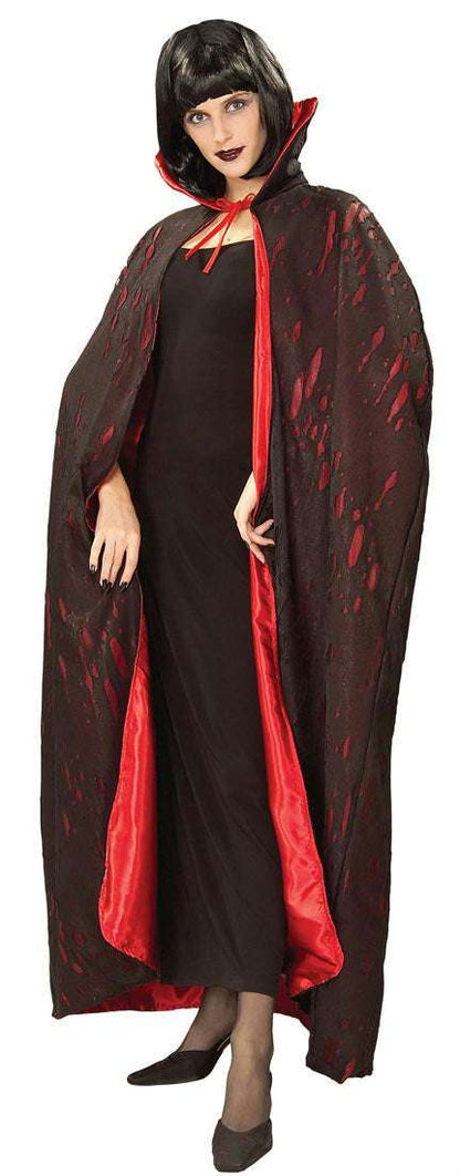 Black hooded vampire cape with red satin trim and tattered, flowing hem