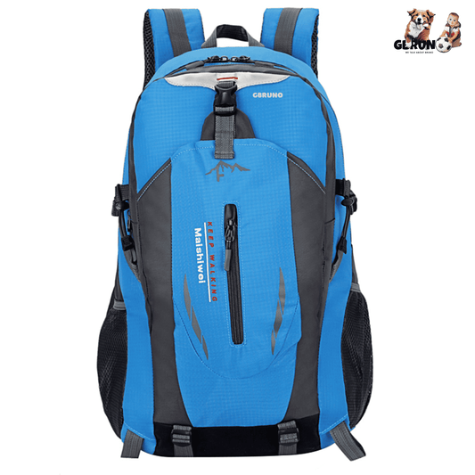 Blue and black outdoor backpack with front pocket, zip panel, and padded shoulder straps