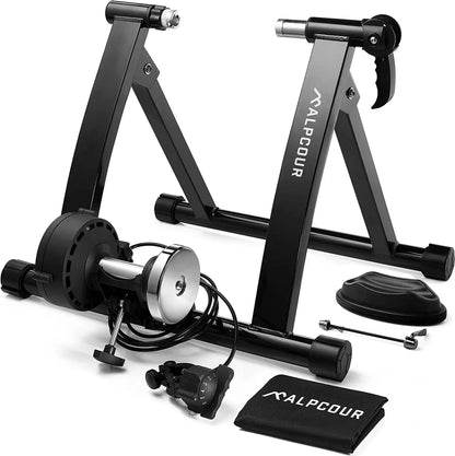 Magnetic bike trainer stand with front roller, handlebar resistance lever, and carry bag