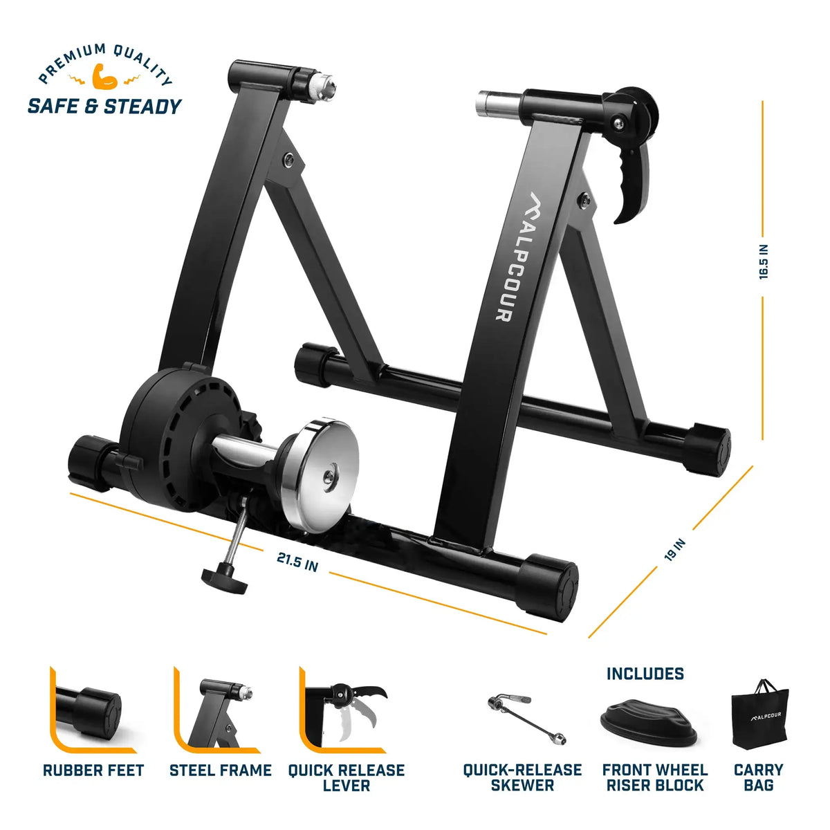 Magnetic bike trainer stand kit with quick-release lever, rubber feet, and carry bag
