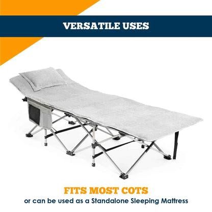 Alpcour Camping Cot Mattress Pad & Pillow Set | 75"x28" | Waterproof Corduroy | Grey