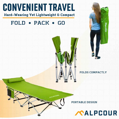 Alpcour Folding Camping Cot – Large, 300 lb Capacity, Padded Pillow