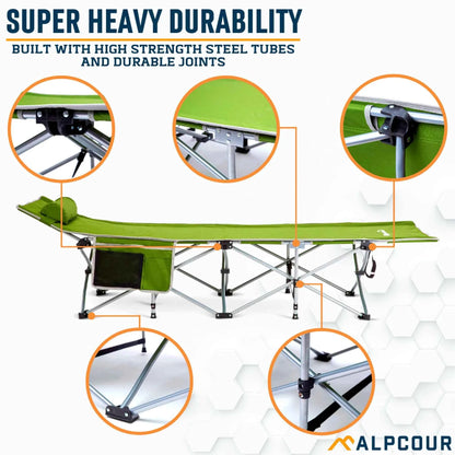 Alpcour Folding Camping Cot – Large, 300 lb Capacity, Padded Pillow
