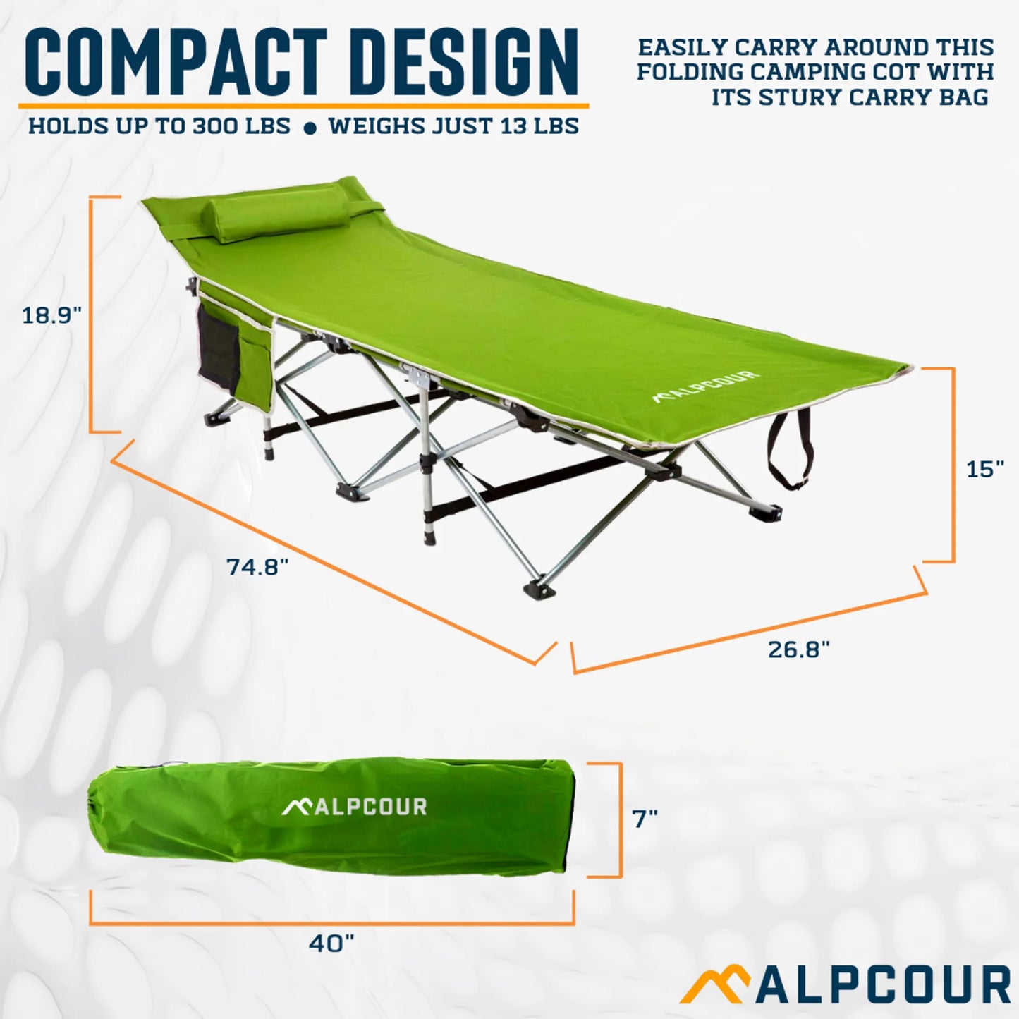Alpcour Folding Camping Cot – Large, 300 lb Capacity, Padded Pillow