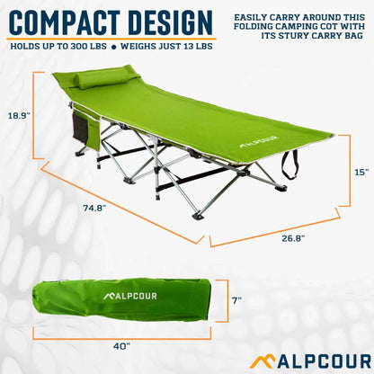 Alpcour Folding Camping Cot – Large, 300 lb Capacity, Padded Pillow