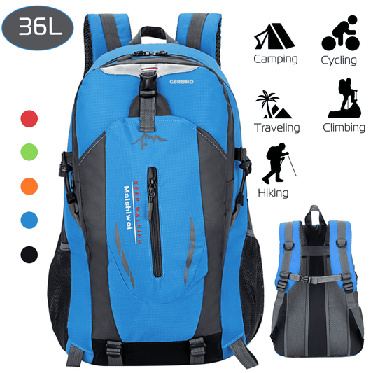 36L blue outdoor backpack with front organizer pocket and two side carry straps