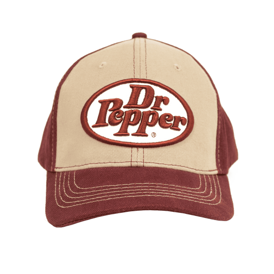 Tan and maroon baseball cap with front oval embroidered Dr Pepper logo