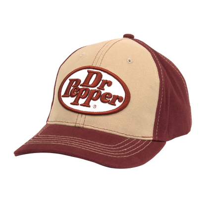 Dr Pepper Oval Logo Embroidered Baseball Cap | Tan & Maroon