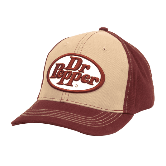 Tan maroon baseball cap with oval embroidered Dr Pepper logo, curved brim