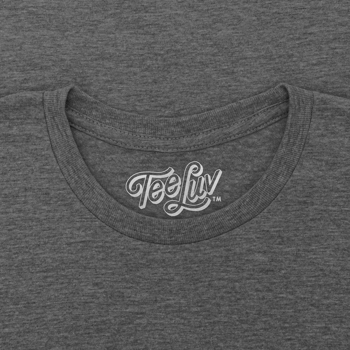 Gray crew-neck T-shirt with TeeLuv neck label