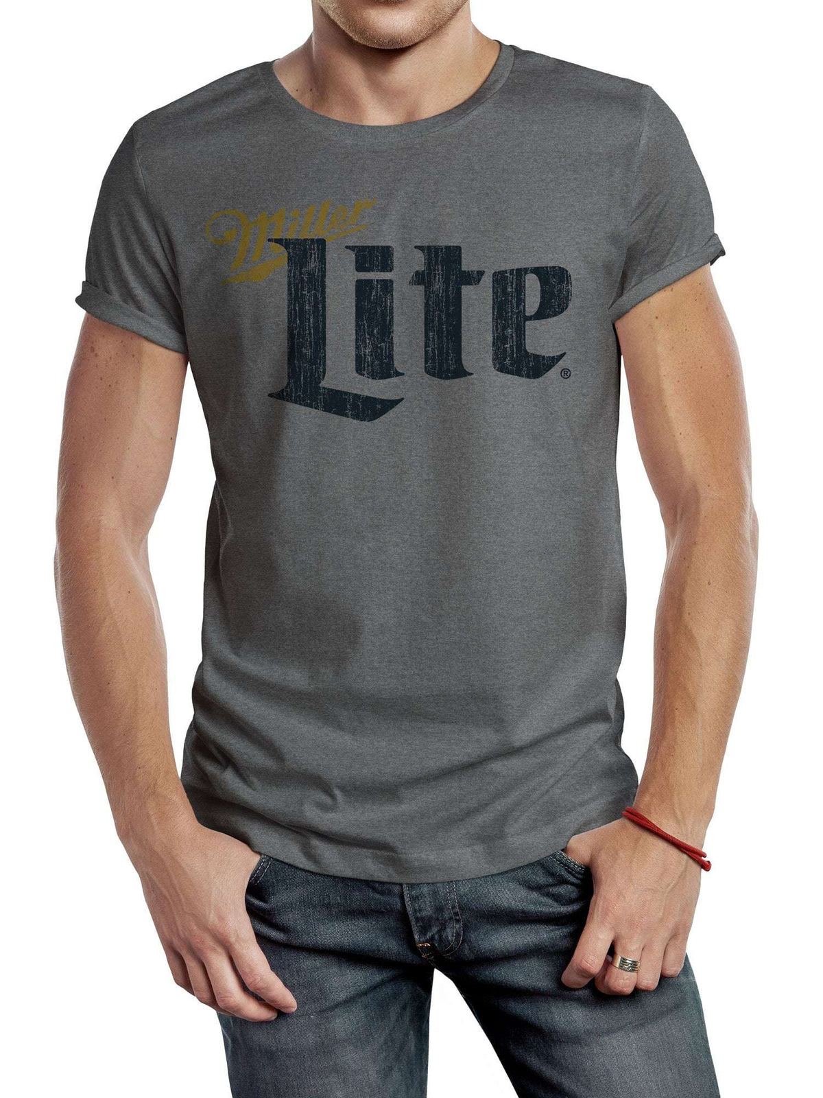 Gray men’s crew-neck T-shirt with distressed Miller Lite “Lite” graphic