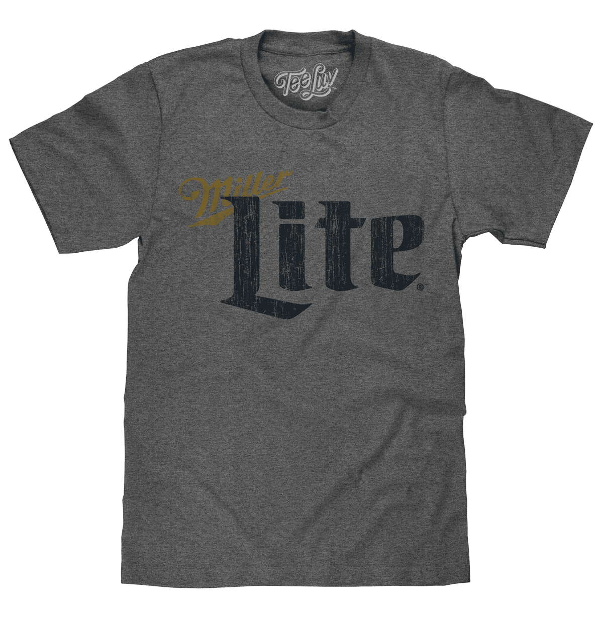 Gray crew-neck T-shirt with distressed Miller Lite logo graphic