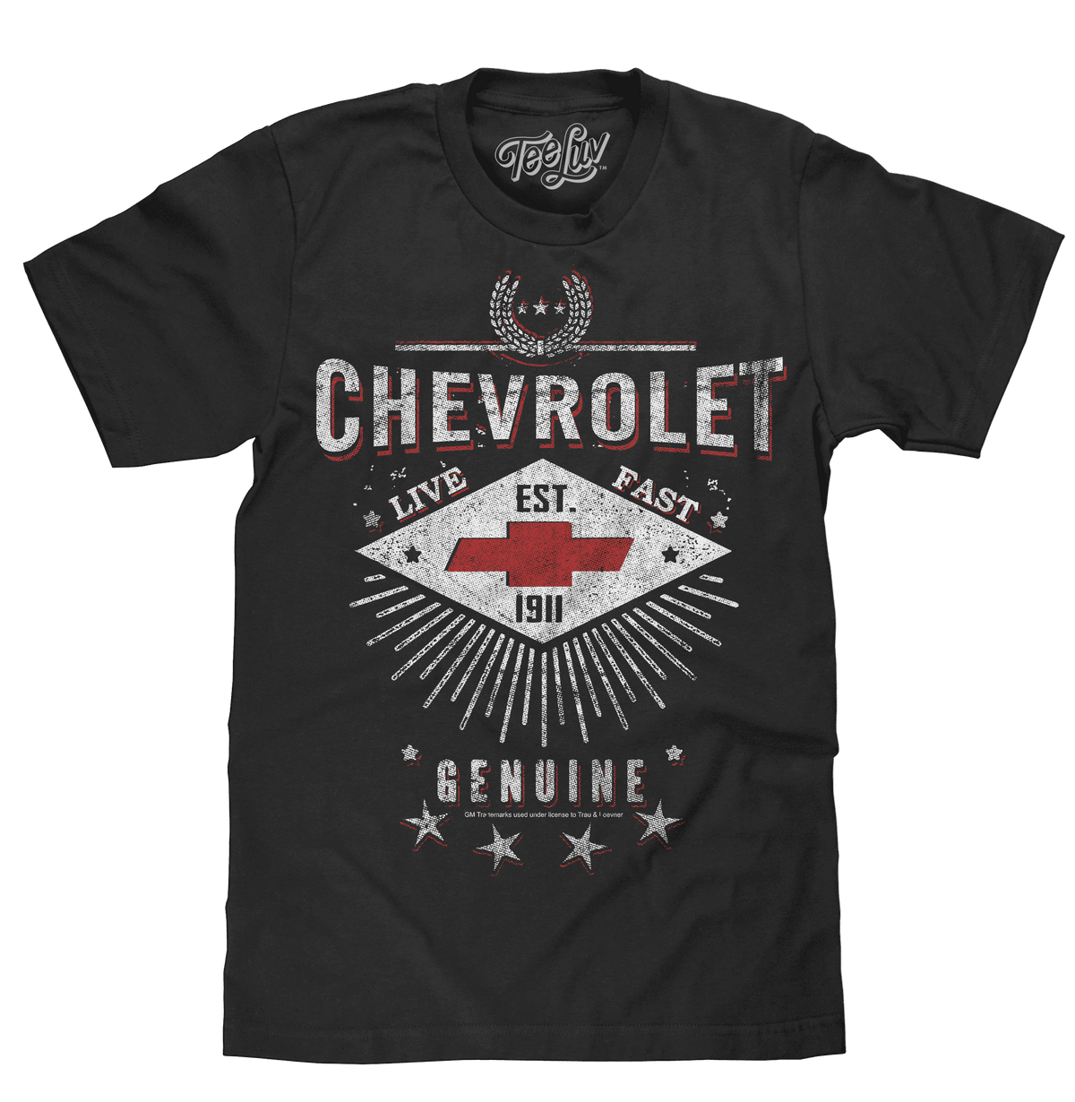 Black T-shirt with Chevrolet emblem, LIVE FAST banner, and GENUINE stars print