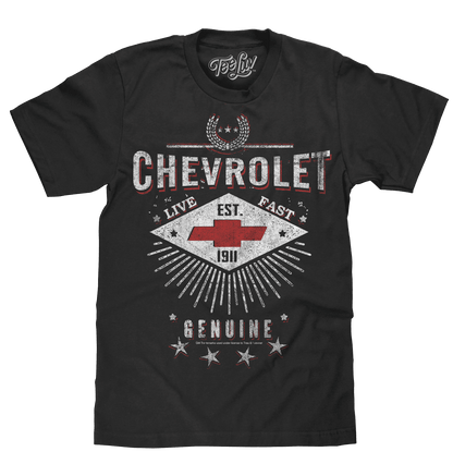 Black T-shirt with Chevrolet emblem, LIVE FAST banner, and GENUINE stars print