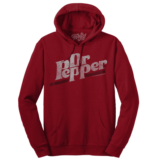 Cherry red pullover hoodie with distressed Dr Pepper logo, front kangaroo pocket