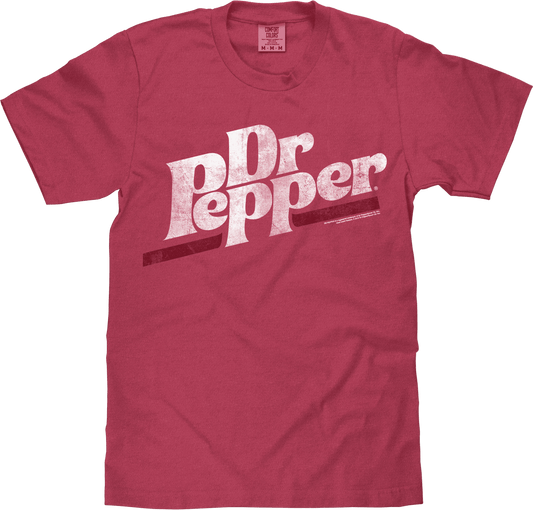 Brick red Dr Pepper T-shirt with distressed logo, short sleeves and crew neck.