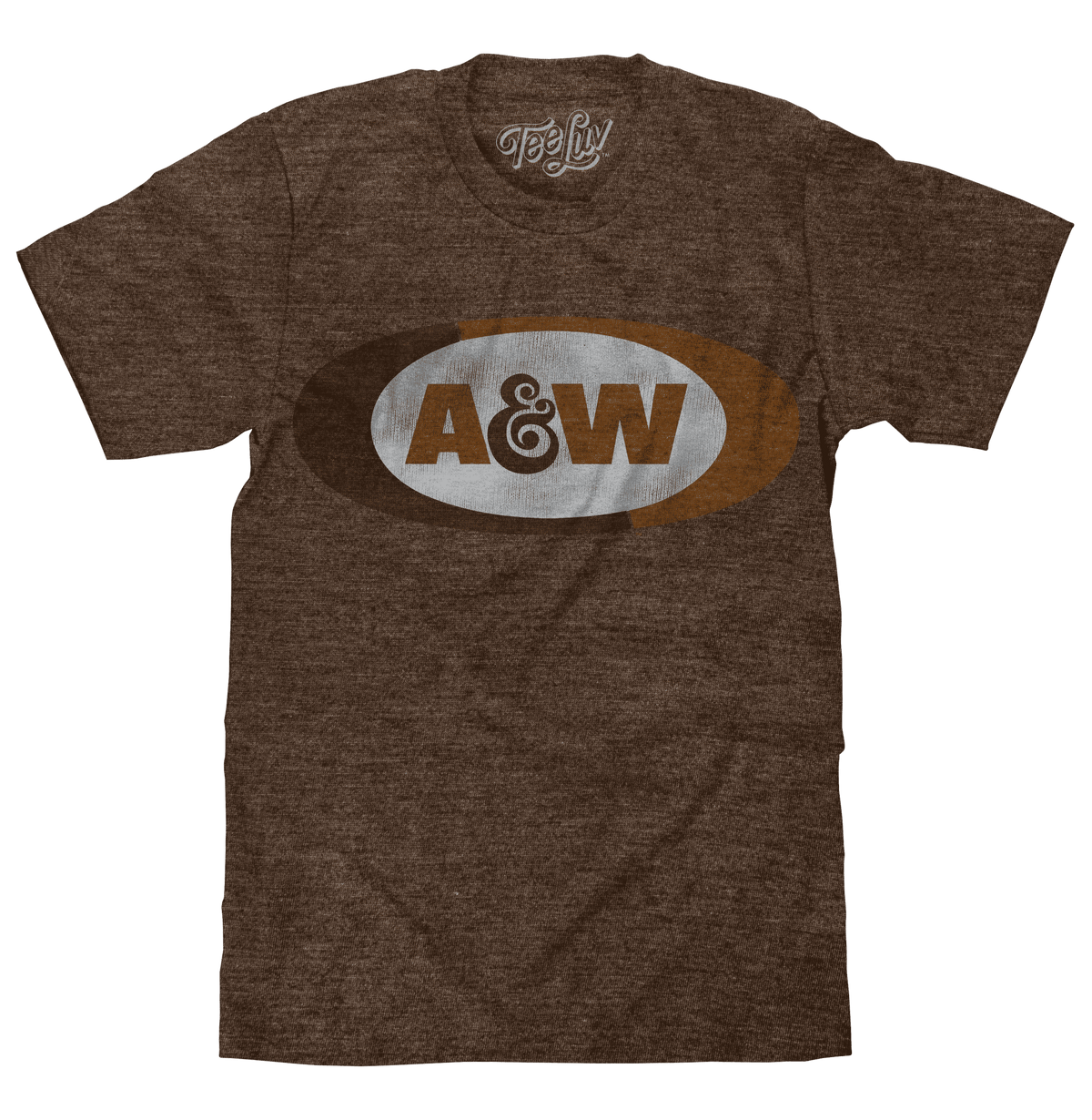 Brown heather T-shirt with A&W oval graphic and Teeluv logo above